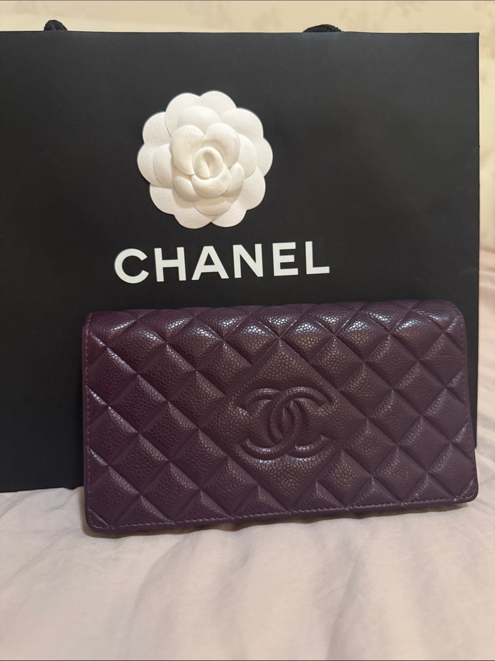 CHANEL Quilted Long Wallet in Plum